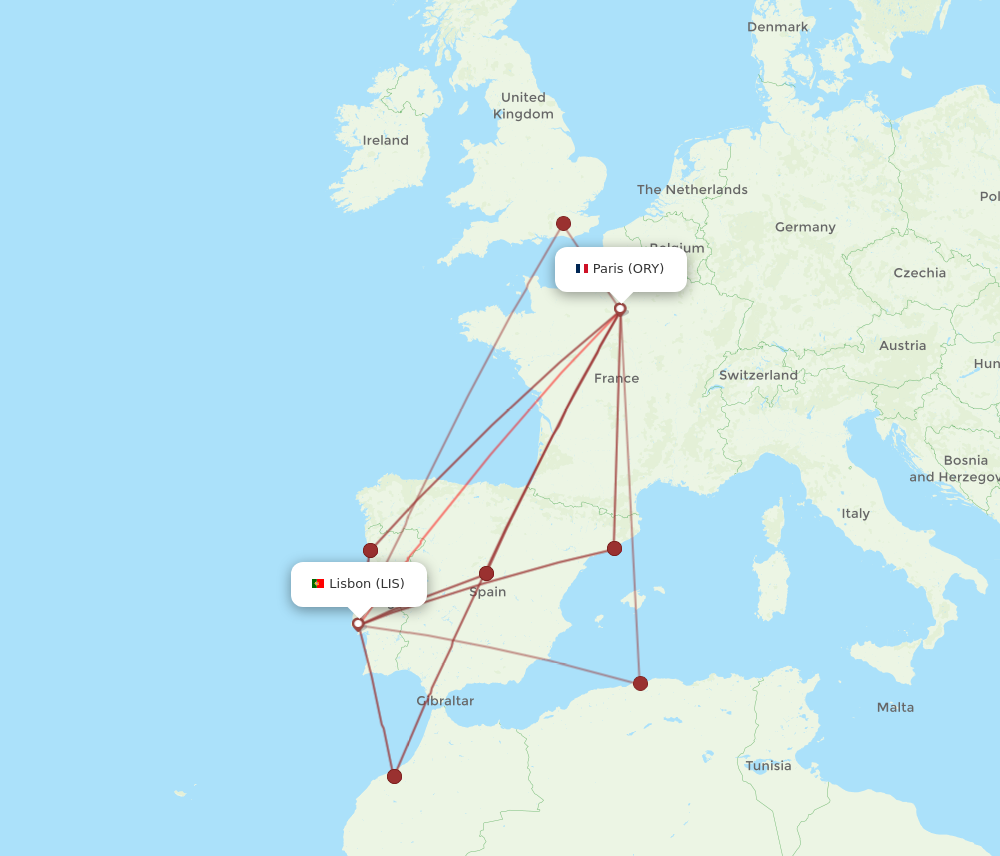 ORY to LIS flights and routes map