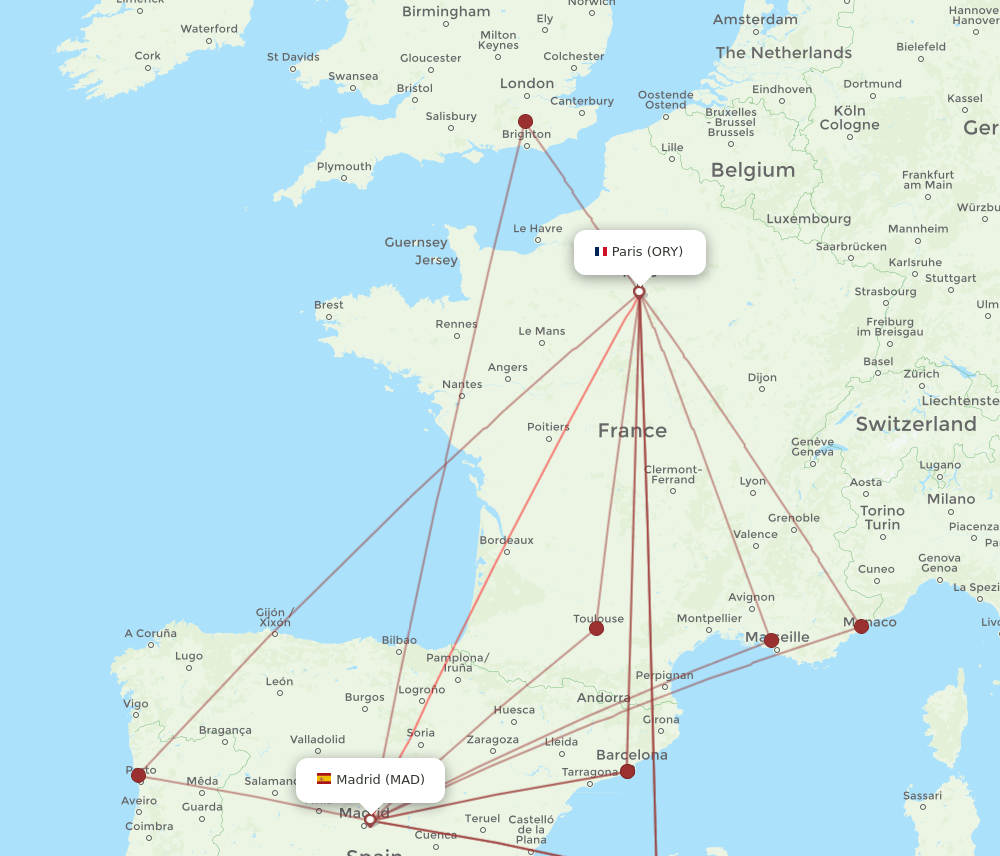 ORY-MAD flight routes