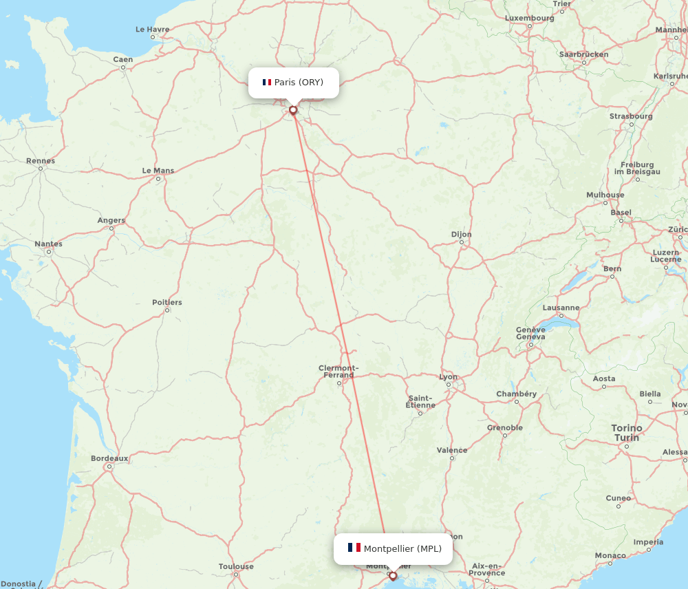 Paris - Montpellier route map and flight paths