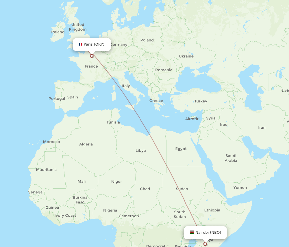 Nairobi - Paris route map and flight paths