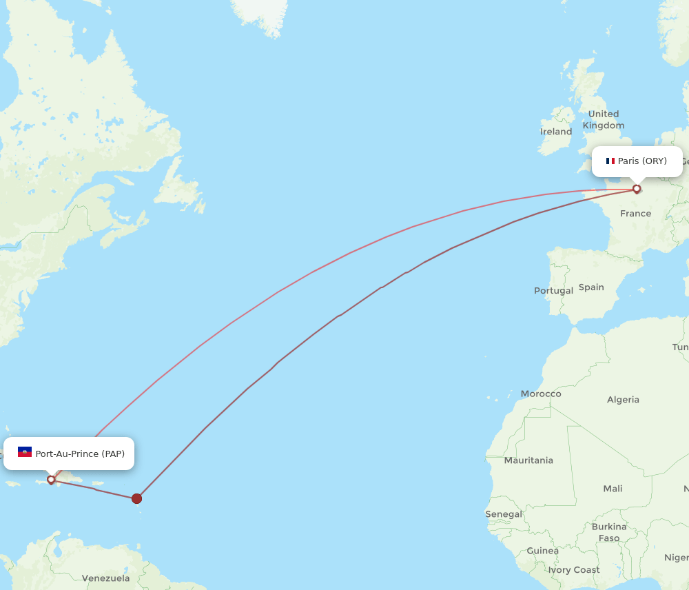 Paris - Port-au-Prince route map and flight paths
