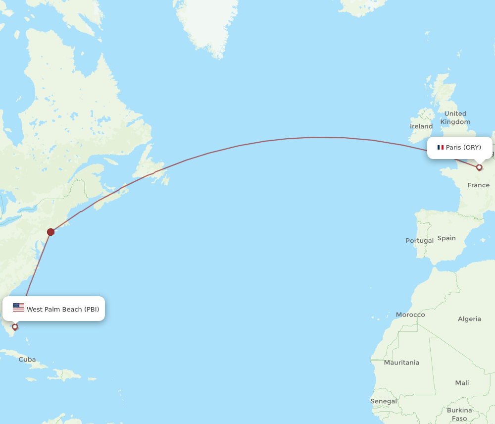 Paris - West Palm Beach route map and flight paths