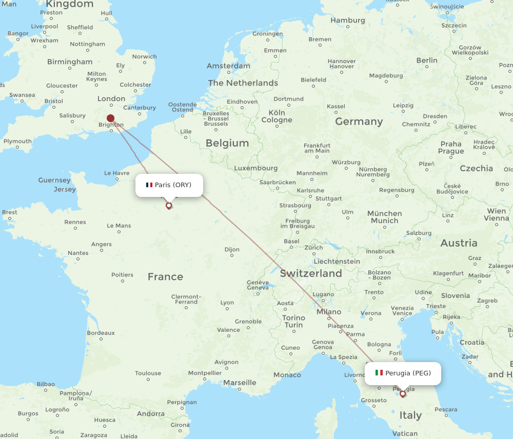 Perugia - Paris route map and flight paths