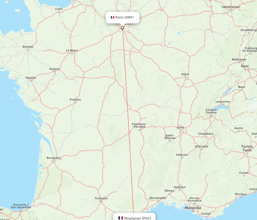 Paris - Perpignan route map and flight paths