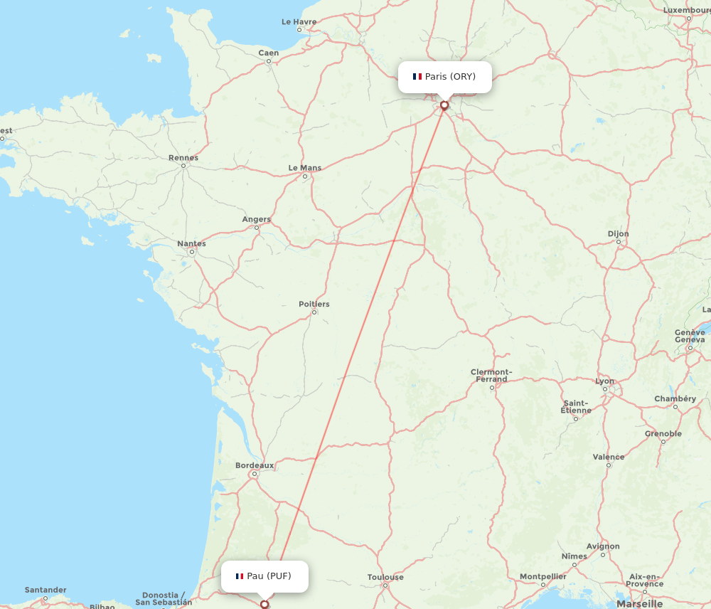 Paris - Pau route map and flight paths