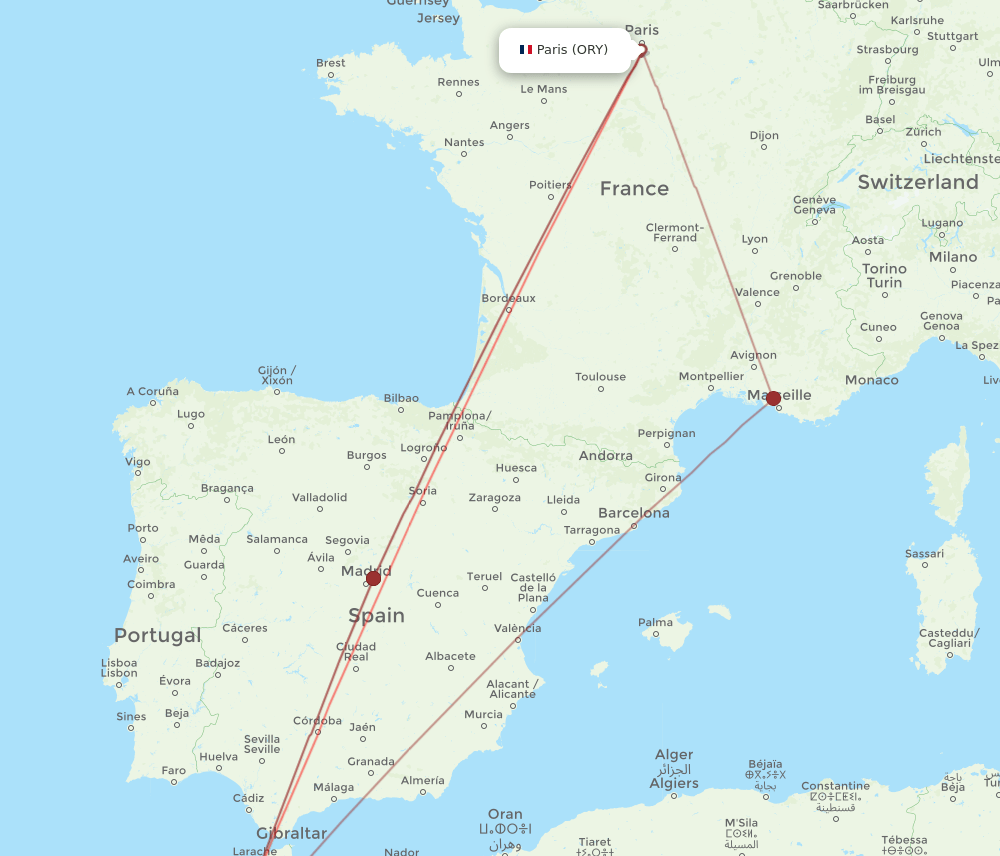 Paris - Rabat route map and flight paths