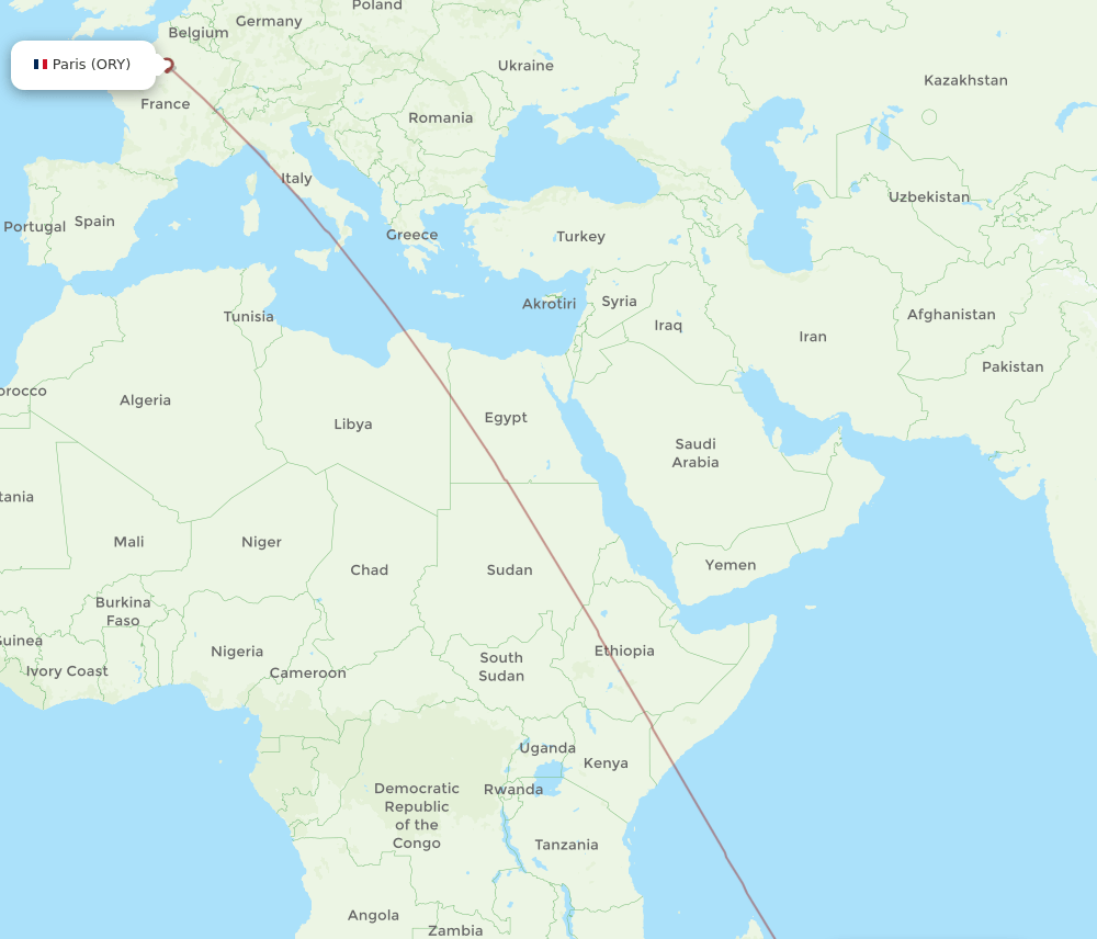 Rodrigues Island - Paris route map and flight paths