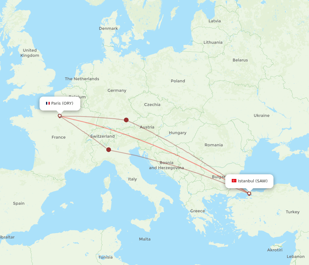 Paris - Istanbul route map and flight paths