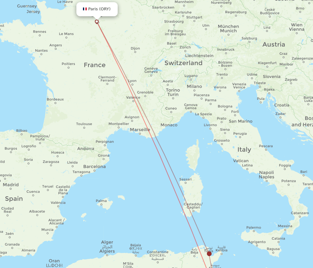 Paris - Sfax route map and flight paths
