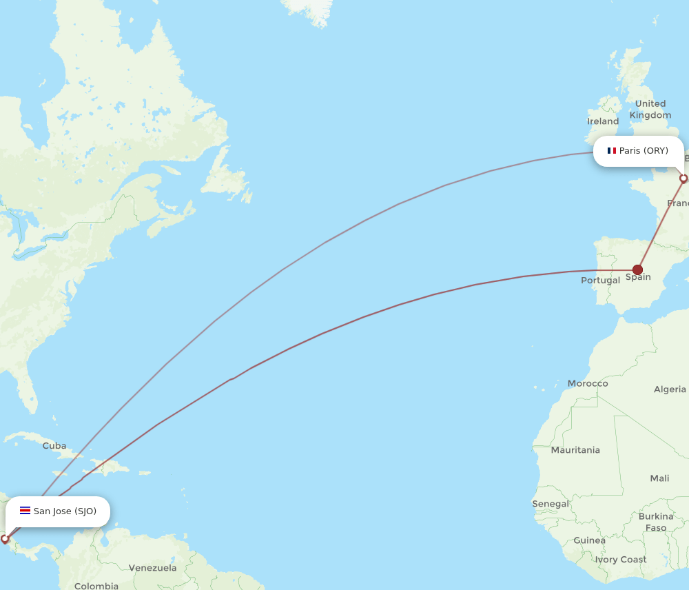 ORY to SJO flights and routes map