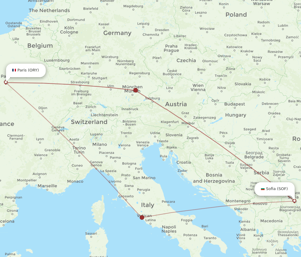 Paris - Sofia route map and flight paths