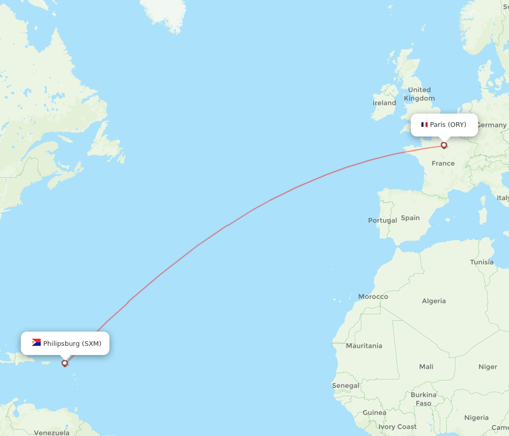 Paris - Sint Maarten route map and flight paths
