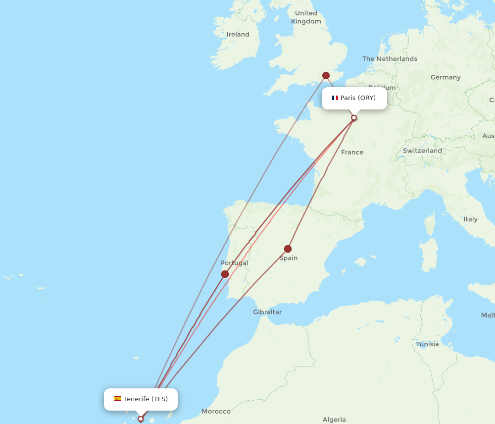 ORY to TFS flights and routes map