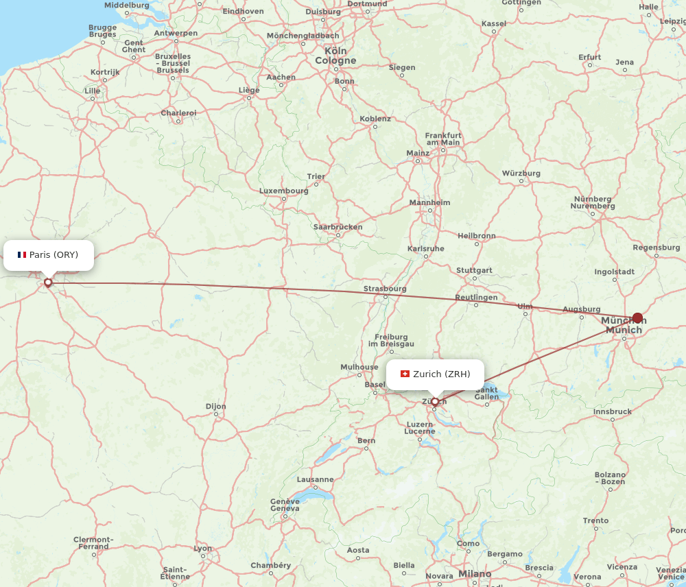 Paris - Zurich route map and flight paths