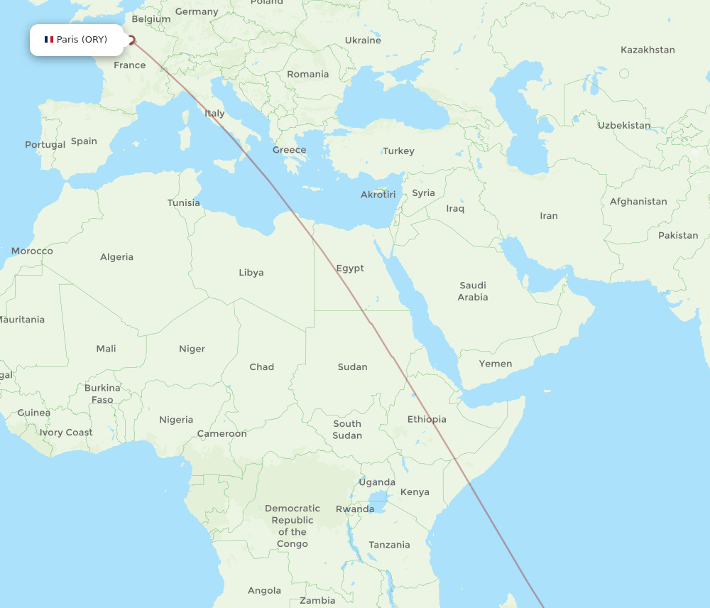 Saint Pierre de la Reunion - Paris route map and flight paths