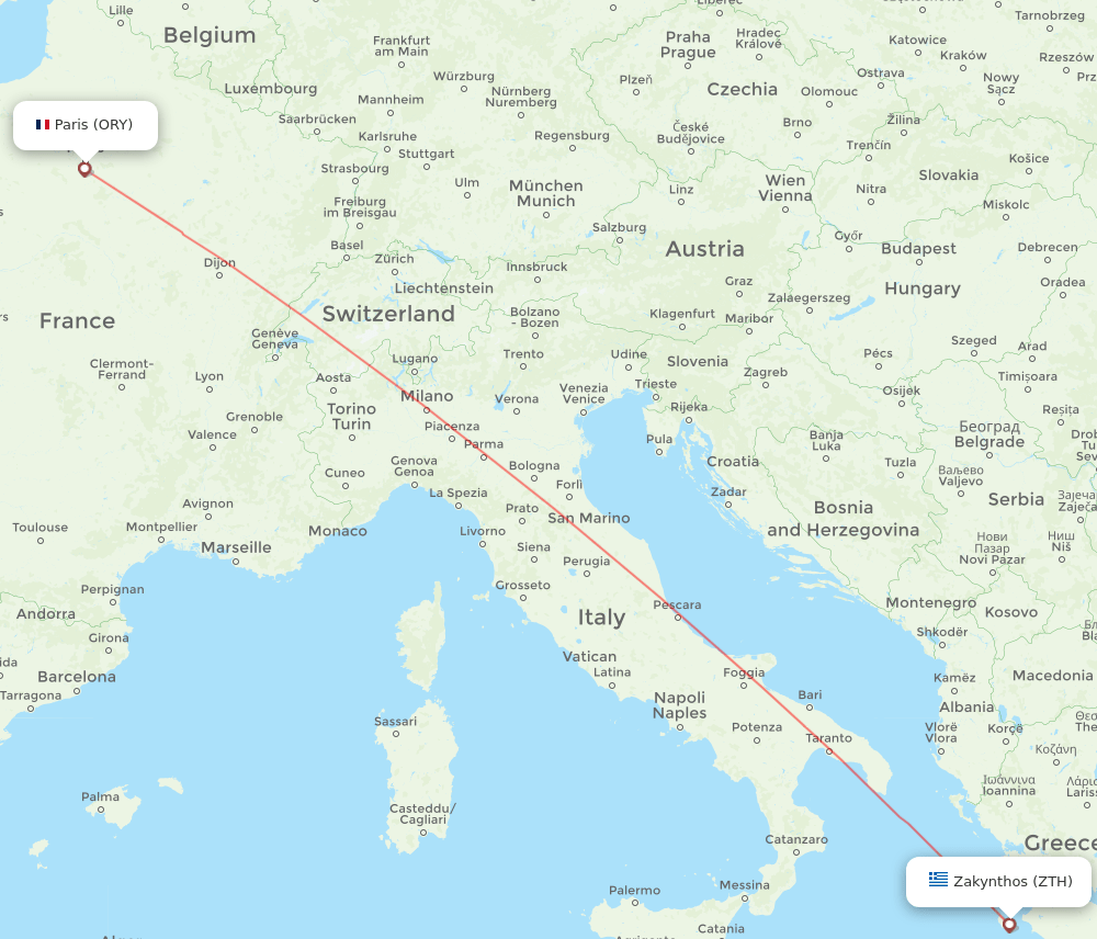 Paris - Zakinthos route map and flight paths