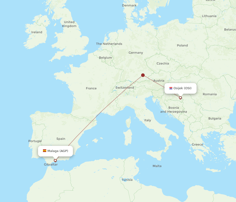 Malaga - Osijek route map and flight paths