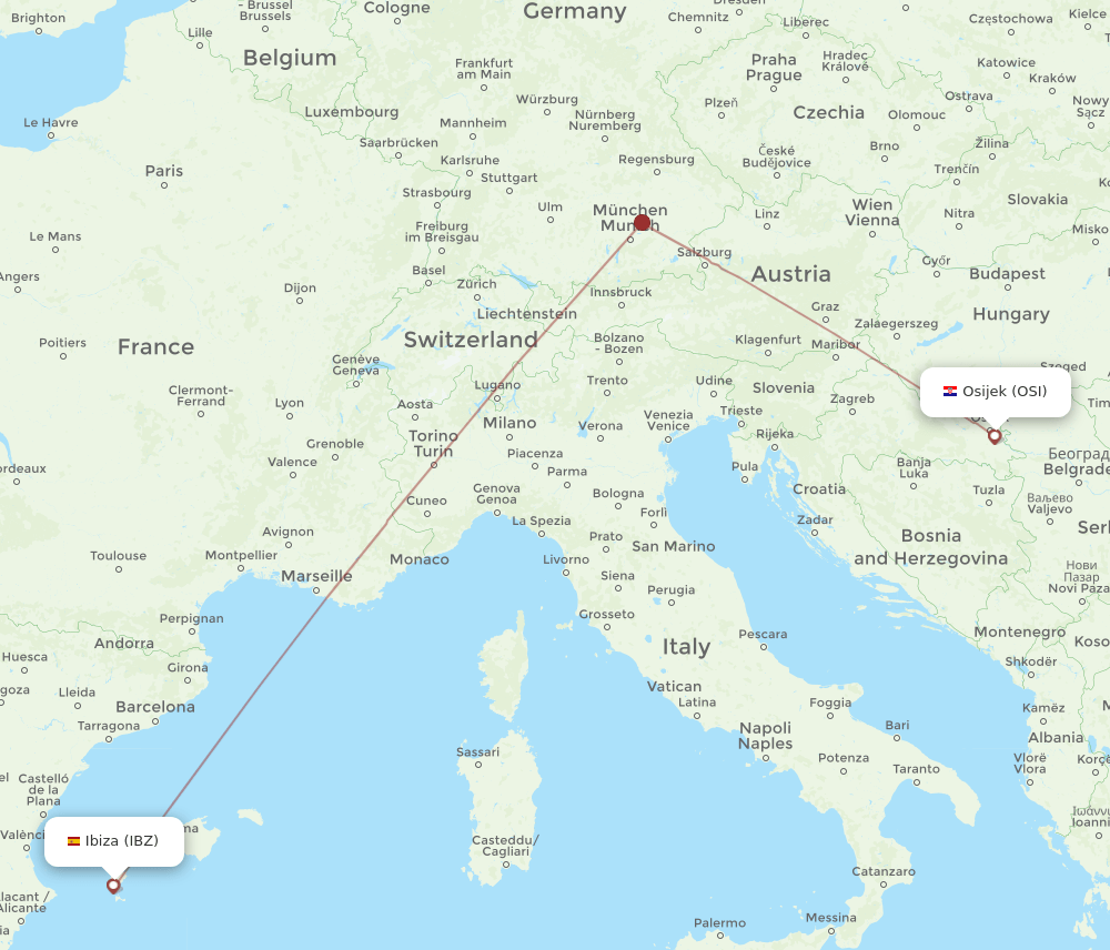 Ibiza - Osijek route map and flight paths