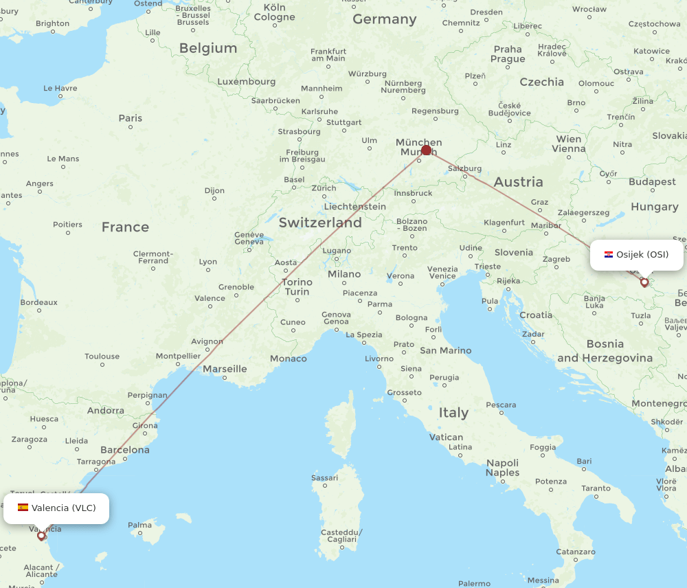 Valencia - Osijek route map and flight paths