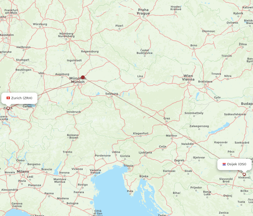 Zurich - Osijek route map and flight paths
