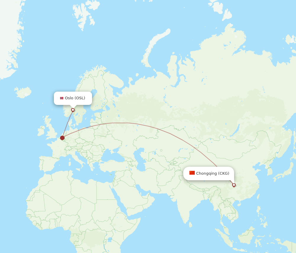 Chongqing - Oslo route map and flight paths
