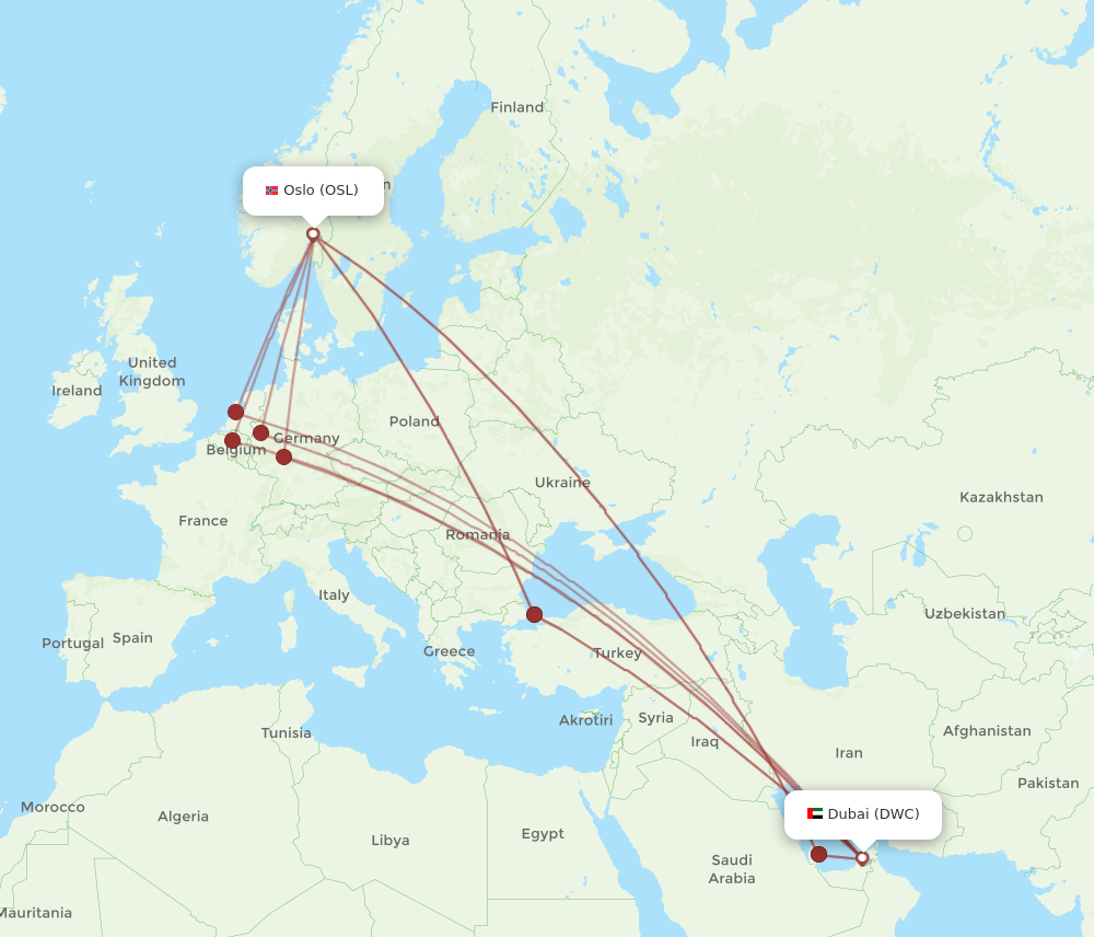 OSL to DWC flights and routes map