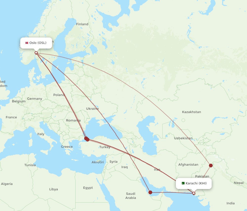 OSL to KHI flights and routes map