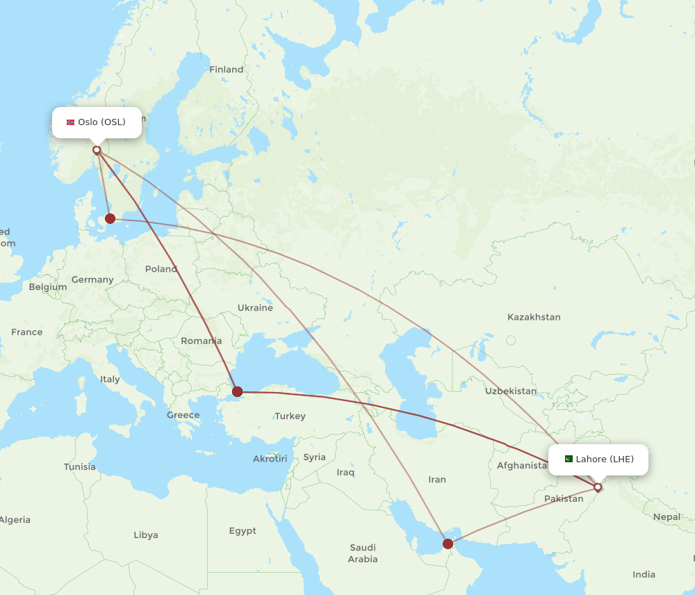 OSL to LHE flights and routes map