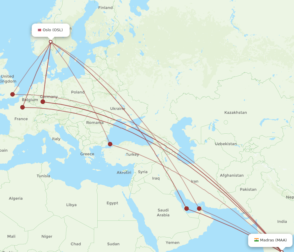OSL to MAA flights and routes map