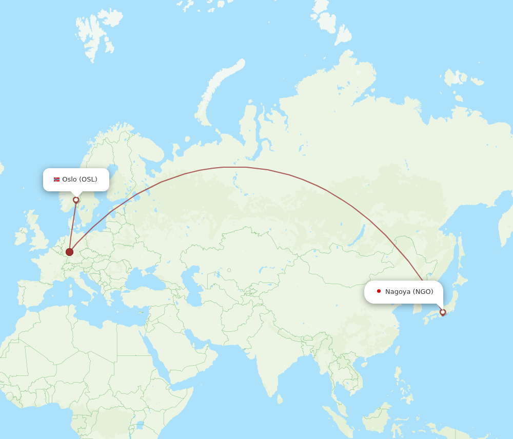 Nagoya - Oslo route map and flight paths