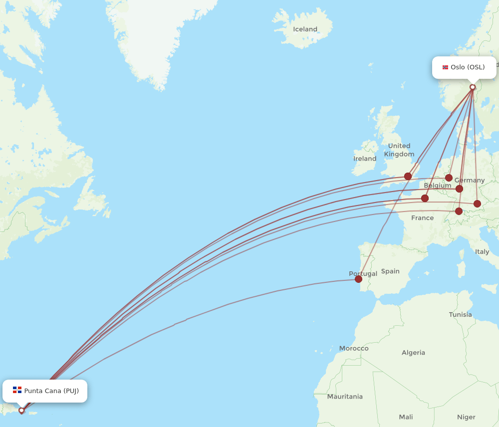 OSL to PUJ flights and routes map