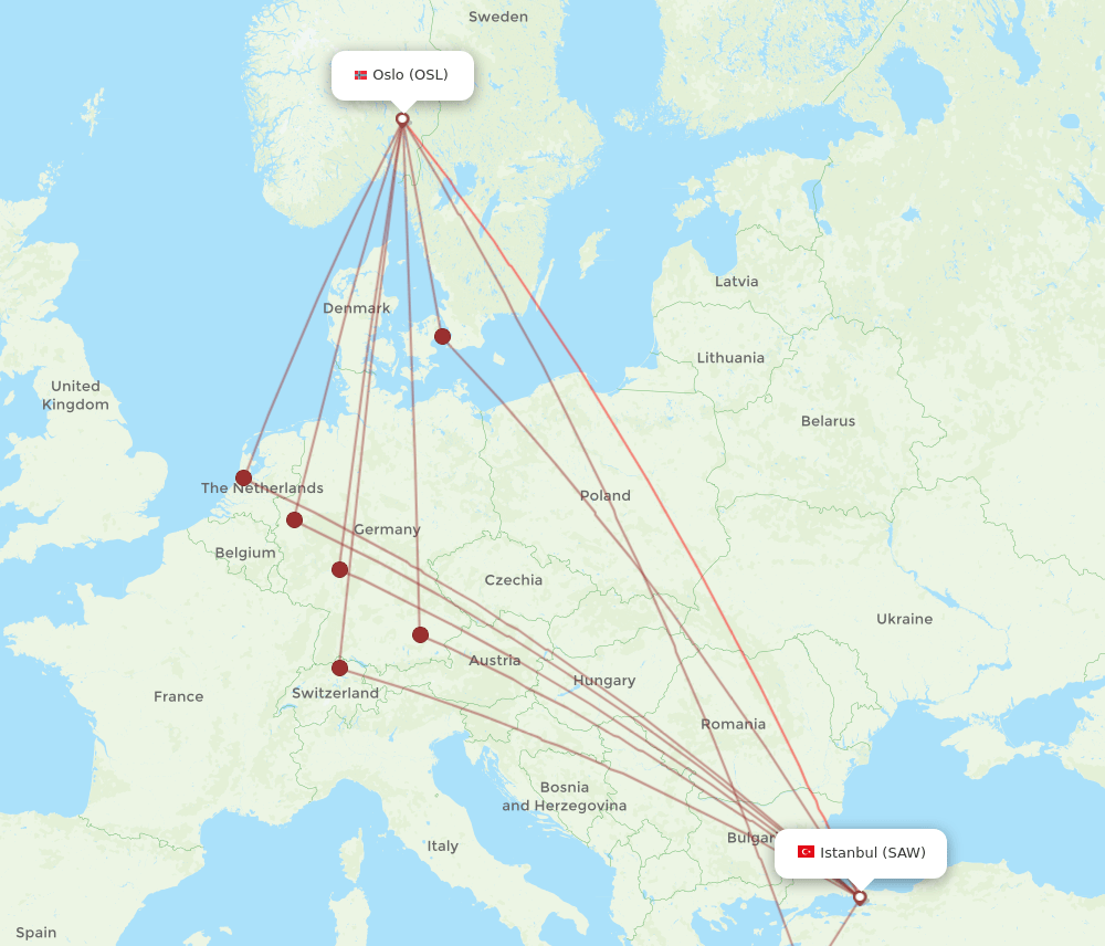 OSL to SAW flights and routes map