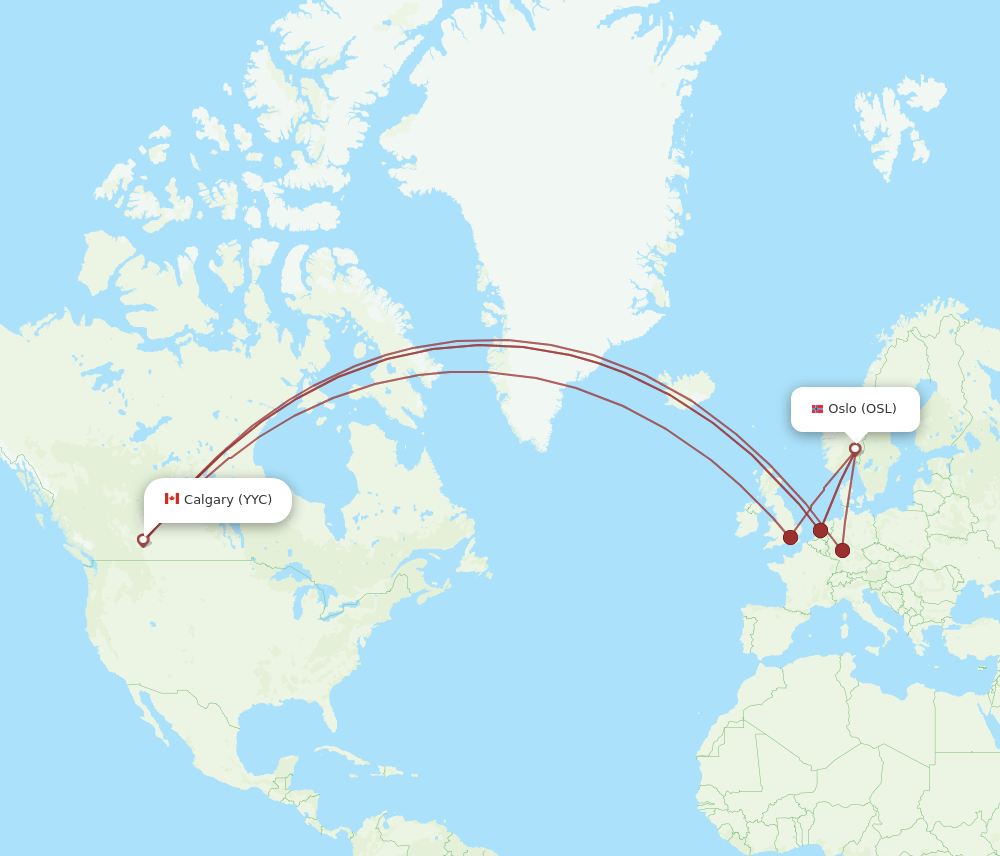 Calgary - Oslo route map and flight paths
