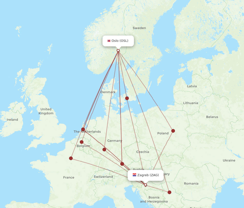 Zagreb - Oslo route map and flight paths