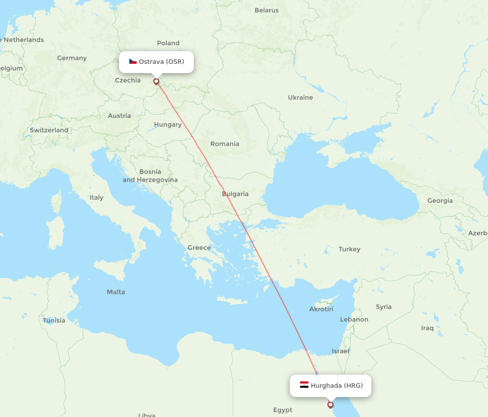 Ostrava - Hurghada route map and flight paths