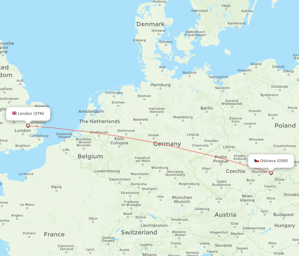 Ostrava - London route map and flight paths