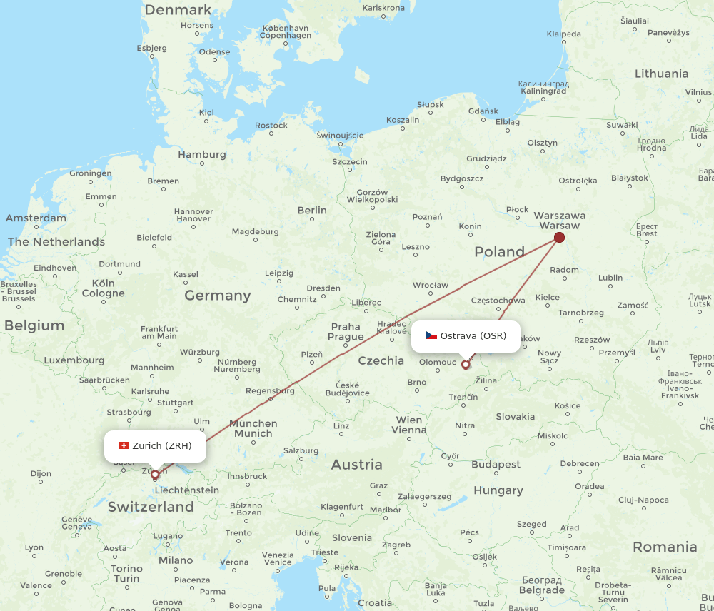 Zurich - Ostrava route map and flight paths