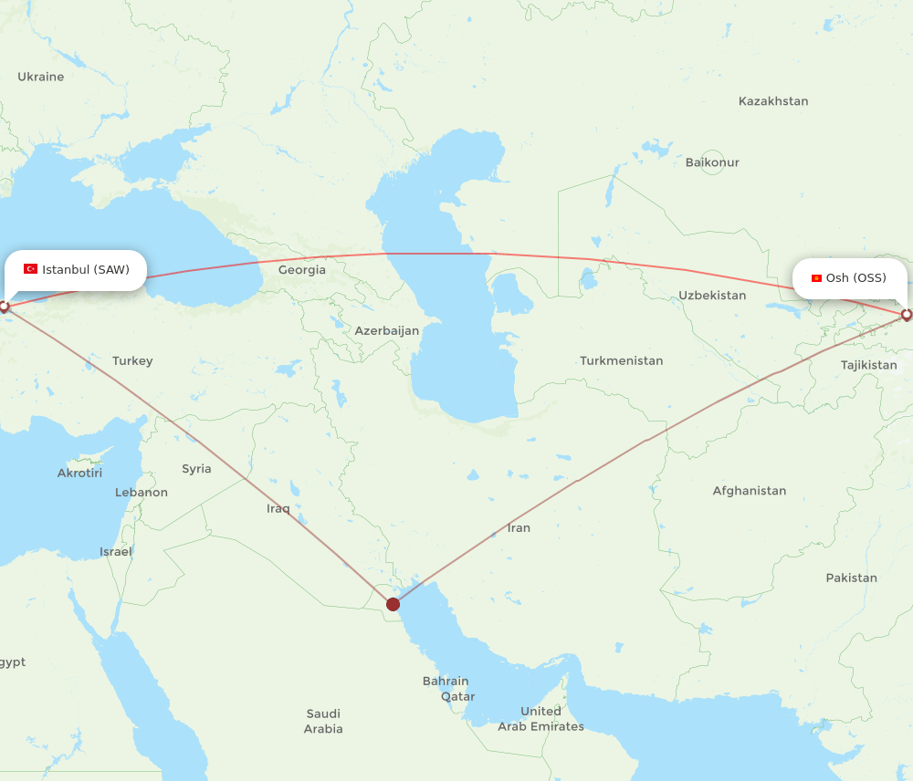 Osh - Istanbul route map and flight paths