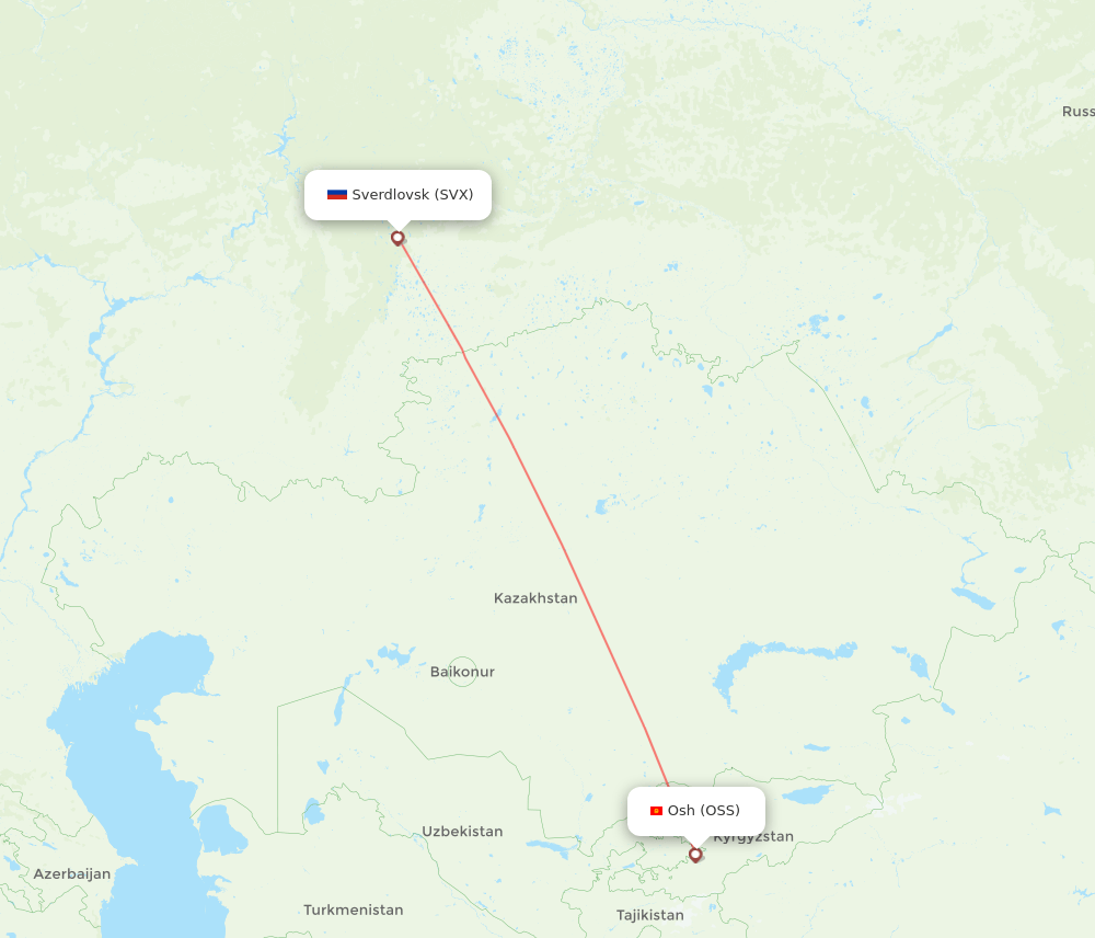 Osh - Yekaterinburg route map and flight paths