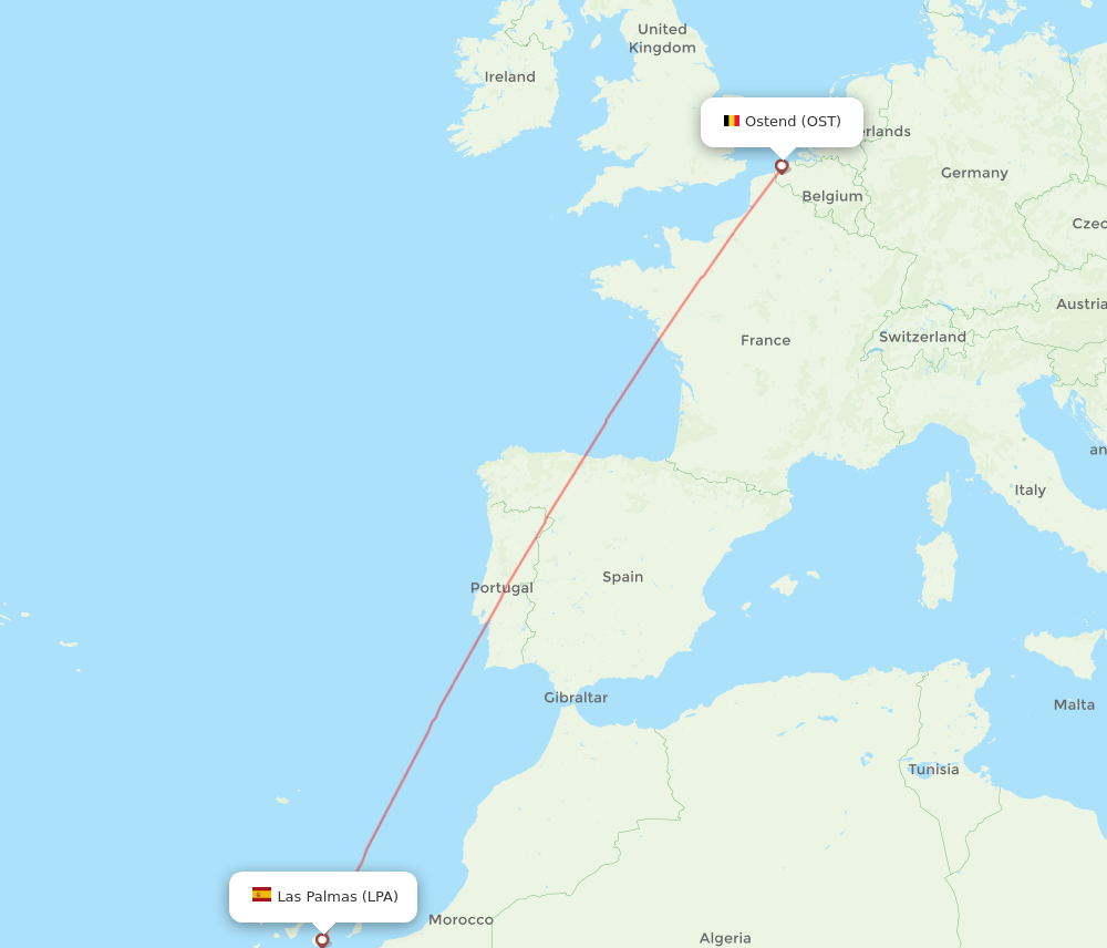Ostend - Las Palmas route map and flight paths