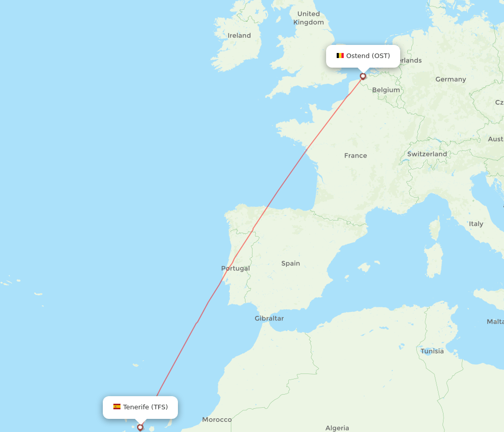 Ostend - Tenerife route map and flight paths