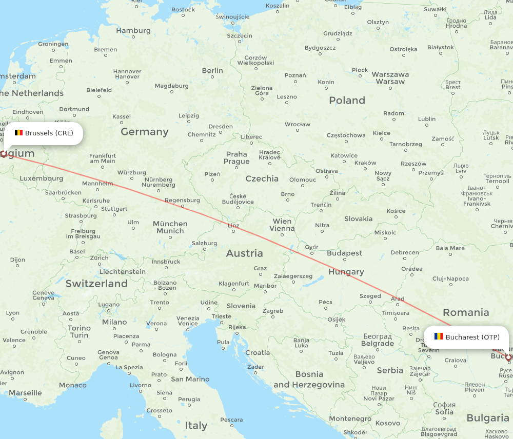 Bucharest - Brussels route map and flight paths