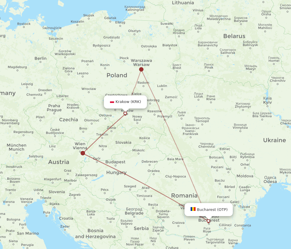 OTP to KRK flights and routes map
