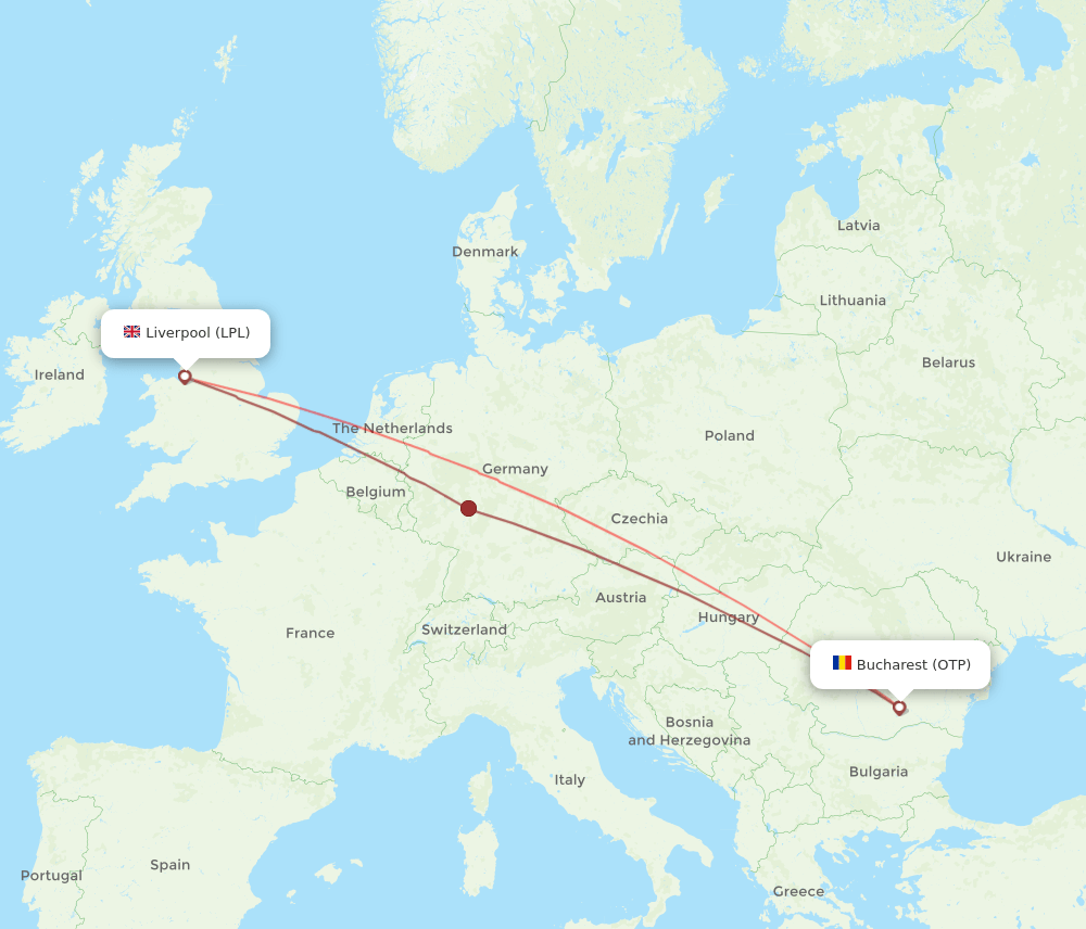 Bucharest - Liverpool route map and flight paths