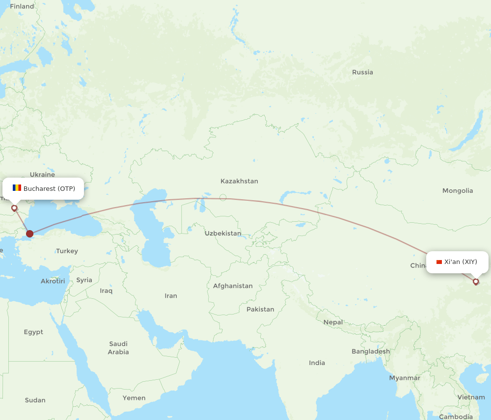 Xian - Bucharest route map and flight paths