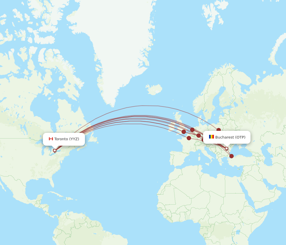 Toronto - Bucharest route map and flight paths