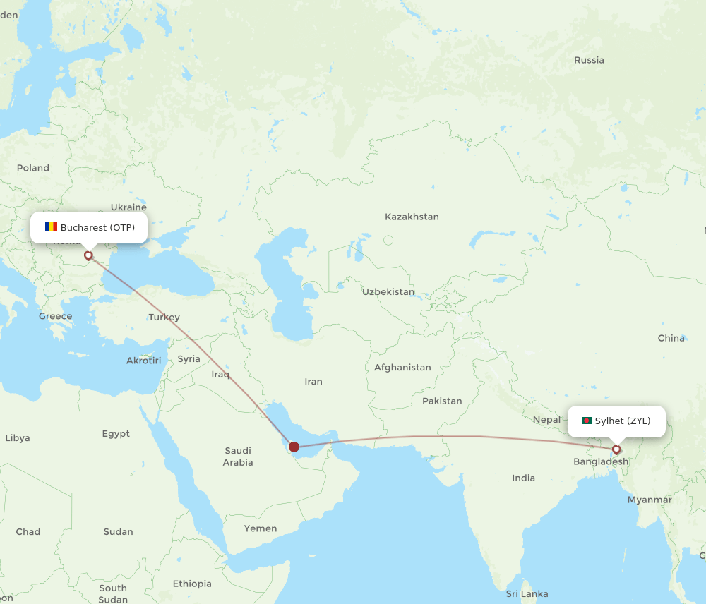Sylhet - Bucharest route map and flight paths