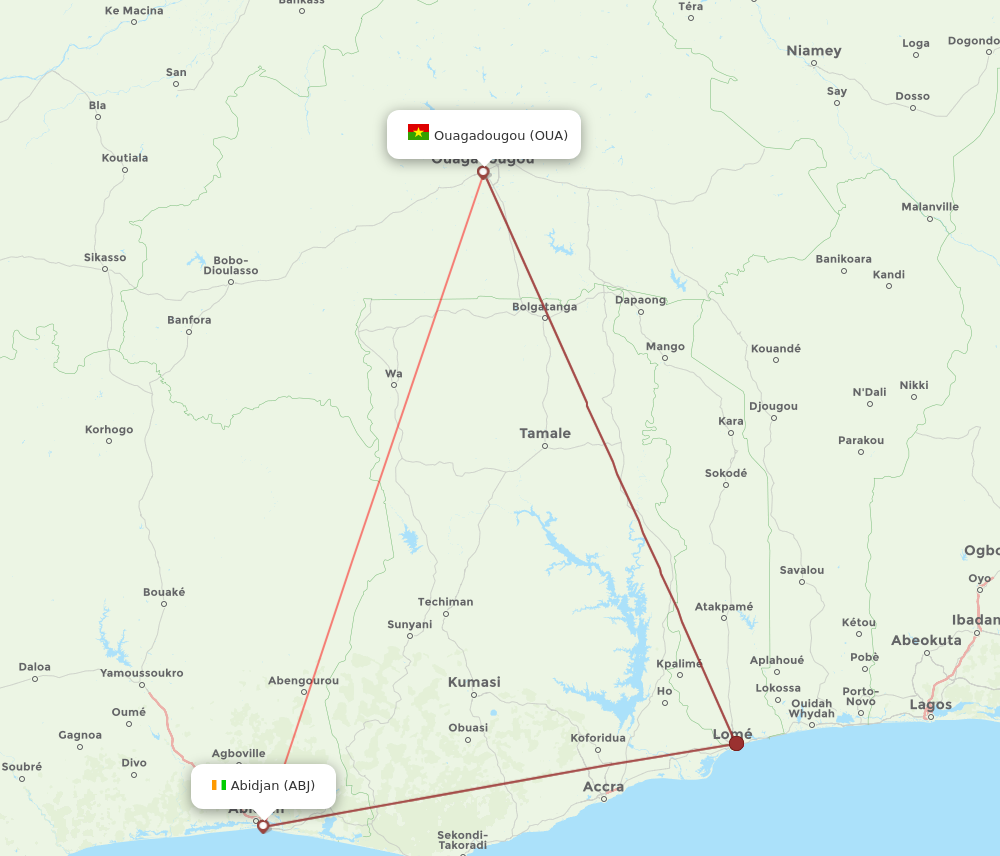 OUA to ABJ flights and routes map