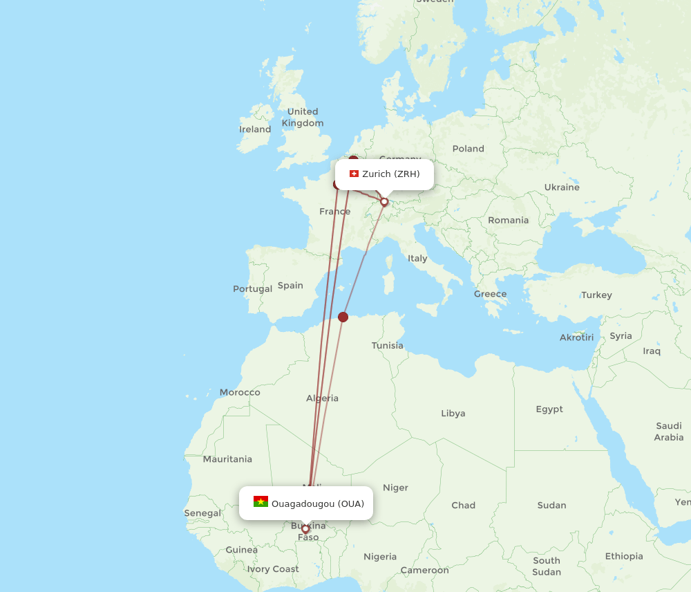 Zurich - Ouagadougou route map and flight paths
