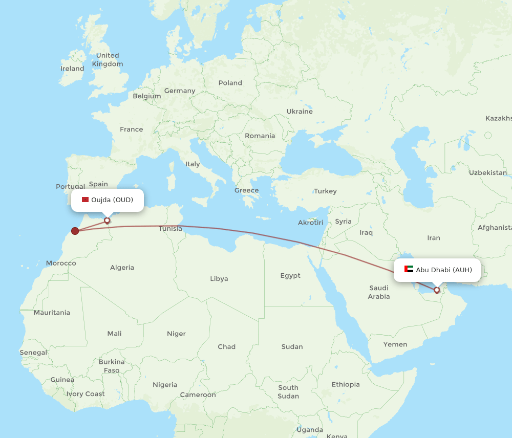 Abu Dhabi - Oujda route map and flight paths